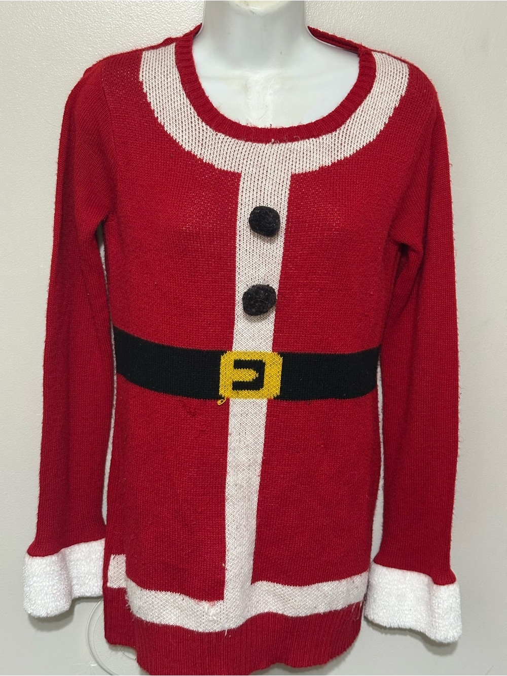 Ransom Red Santa Belt Knit Tunic Sweater with White Trim Mrs Claus Mini Dress